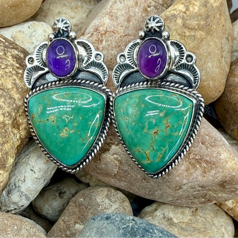 Native American Sterling Silver Turquoise & Amethyst Earrings “Revé” – 22.64g - Picture 12 of 17